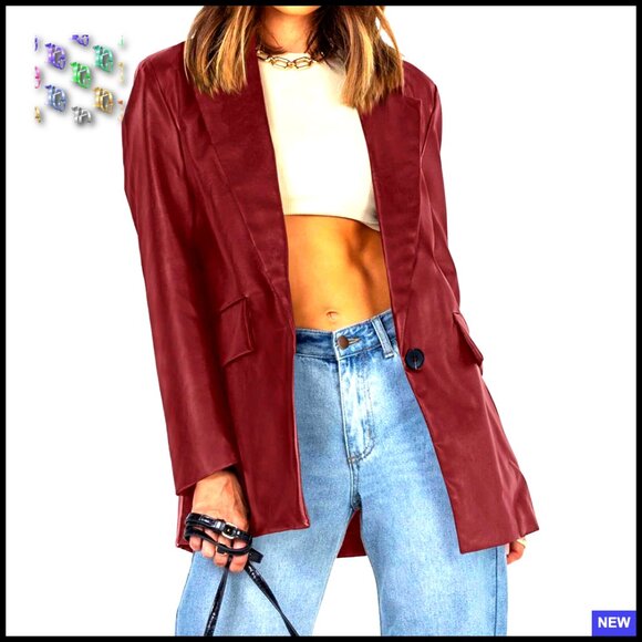 Oversized Faux Leather Blazer Shacket Classic Lapel Button Front Pockets